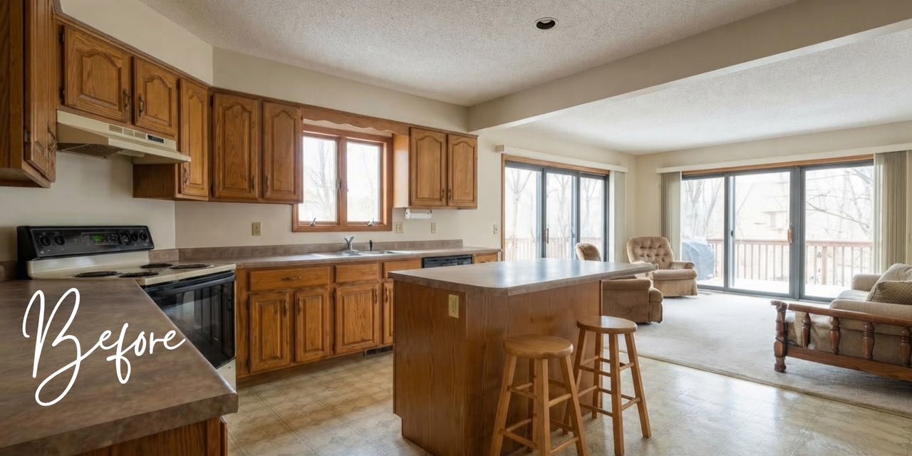 Kitchen before renovation with dated wooden cabinets